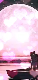 Romantic couple in boat under full pink moon and starry night sky.