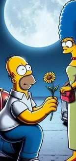 Cartoon scene with moonlit background and romantic couple.