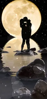 Silhouetted couple kissing under a full moon reflecting on calm water.