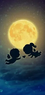 Silhouetted couple flying under a full moon.