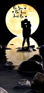 Silhouetted couple by moonlit lake with inspirational text.