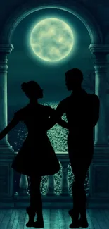 Silhouetted couple dancing under a moonlit sky framed by roses and arches.