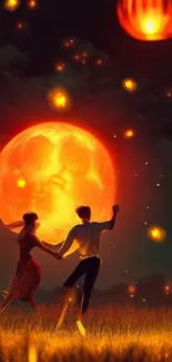 Romantic couple dancing under a full moonlit sky.