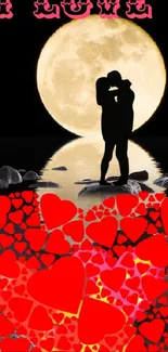 Silhouette couple embracing under moon with red hearts.