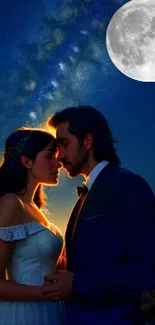 Couple embracing under moonlit starry sky with galaxy in background.