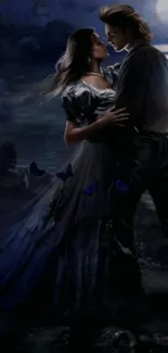 Romantic couple embracing by the moonlit ocean.