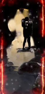 Silhouetted couple kissing under a full moon.