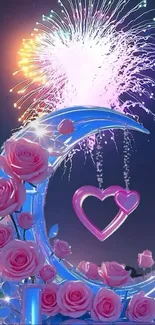 Romantic moonlit scene with pink roses and fireworks.