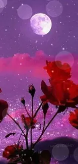 Night scene with red roses under a purple sky and bright full moon.