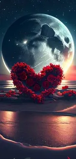 Heart made of roses under a moonlit sky wallpaper.