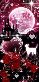 Pink moonlit heart with roses and stars wallpaper.