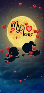 Romantic silhouette with hearts under a glowing full moon.