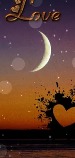 Romantic wallpaper with crescent moon and heart design at sunset.