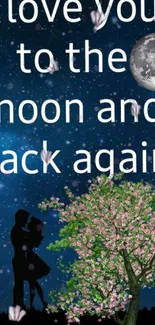 Romantic couple silhouetted under moonlit night sky with love message.