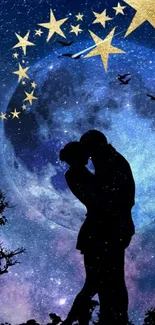 Silhouette of a couple kissing under a starry, moonlit night sky.