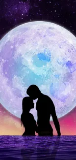 Silhouette of couple against moonlit night sky with serene water reflection.