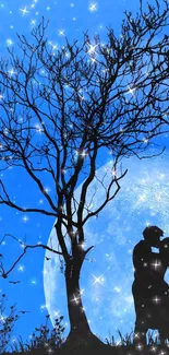 Silhouette of a couple under a starry sky with a moonlit backdrop and fairy.