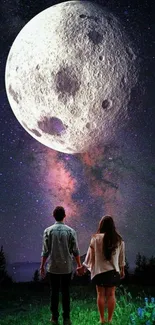 Couple gazes at moon and stars under a dark blue night sky, creating a romantic scene.