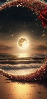 Moonlit ocean with roses and starry sky creates a romantic mobile wallpaper scene.