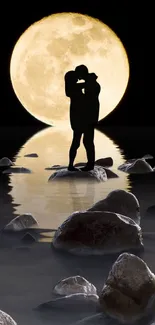 Silhouetted couple kissing under moonlight on a reflective lake.