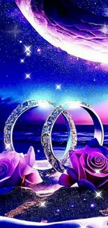 Romantic wallpaper with purple roses, moonlit sky, and sparkling rings.