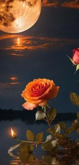 Wallpaper of vibrant roses under a moonlit sky reflecting on water.