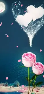 Romantic wallpaper with pink roses and heart cloud under moonlight.