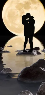 Romantic couple silhouette under full moon by water.