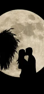 Couple silhouette kissing under full moon night scene.