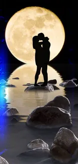 Silhouette couple under a full moon reflected in calm waters.