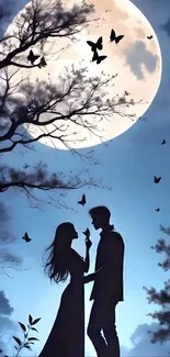 Silhouette of couple under a moonlit sky with butterflies.