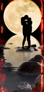 Silhouette of lovers under a bright full moon reflecting in water with fiery surroundings.