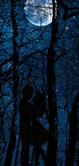 Silhouette of a couple embracing under a full moon in a dark forest.