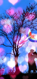 Silhouetted couple under moonlight with a parrot flying in a blue sky.