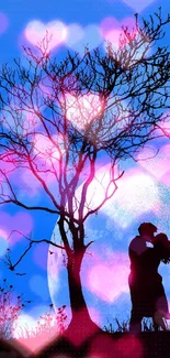 Silhouette of a couple kissing under a tree against a blue moonlit sky.