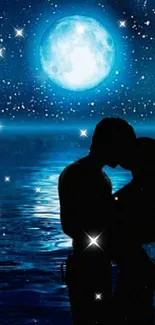 Silhouette of couple under moonlit sky, reflecting in ocean.