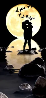 Romantic silhouette of a couple under a full moon with birds and water reflection.