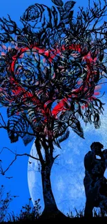 Moonlit couple silhouette under heart-shaped tree with a blue background.