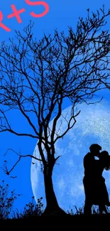 Silhouette of a couple kissing under a tree with a blue moon in the background.