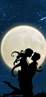 Romantic silhouette of a couple embracing under a full moon with starry night sky.