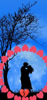 Romantic silhouette under a moonlit sky with a heart border.