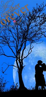 Romantic couple silhouetted against a moonlit sky with tree and 'Together Forever' text.