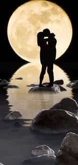 Silhouetted couple embracing under a full moon with water reflection.