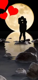 Silhouetted couple under a full moon with red hearts reflecting on a river.