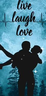 Silhouette couple under blue moon with 'live laugh love' text.