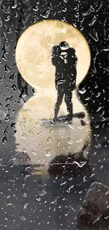 Silhouette of a couple in rain with moonlight background on wallpaper.