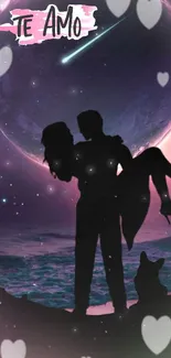 Romantic silhouette of a couple under a starry sky with heart shapes.