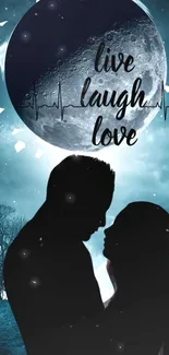 Romantic silhouette of couple under moonlit sky with love quote.