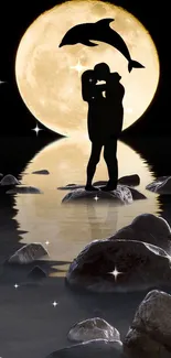 Romantic silhouette of a couple with a dolphin under a full moon reflecting on water.