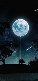 Romantic couple under full moon with shooting star background.